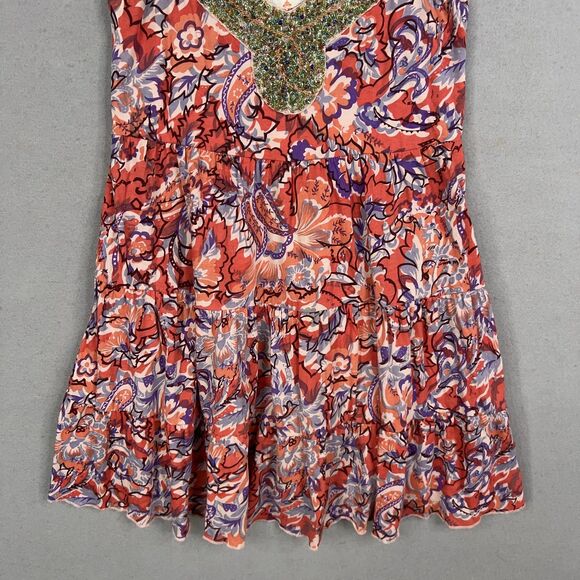 Free People Dress Women Small Red Boho Floral Beaded Jewel Tiered Coastal Resort - Picture 4 of 16